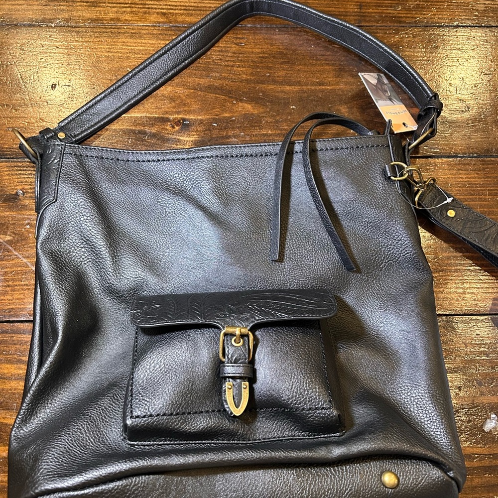 Rein & Bridle Black Leather Hobo Shoulder Bag with Front Buckle Pocket